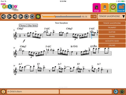 notation mixer screen showing instrument selection menu