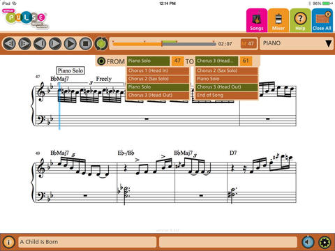 notation mixer screen showing playback loop selection tool