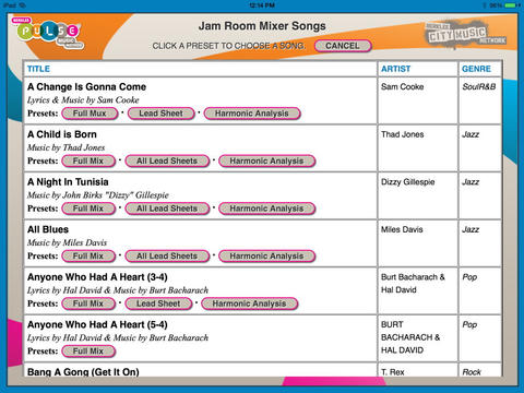 notation mixer screen showing menu of available songs